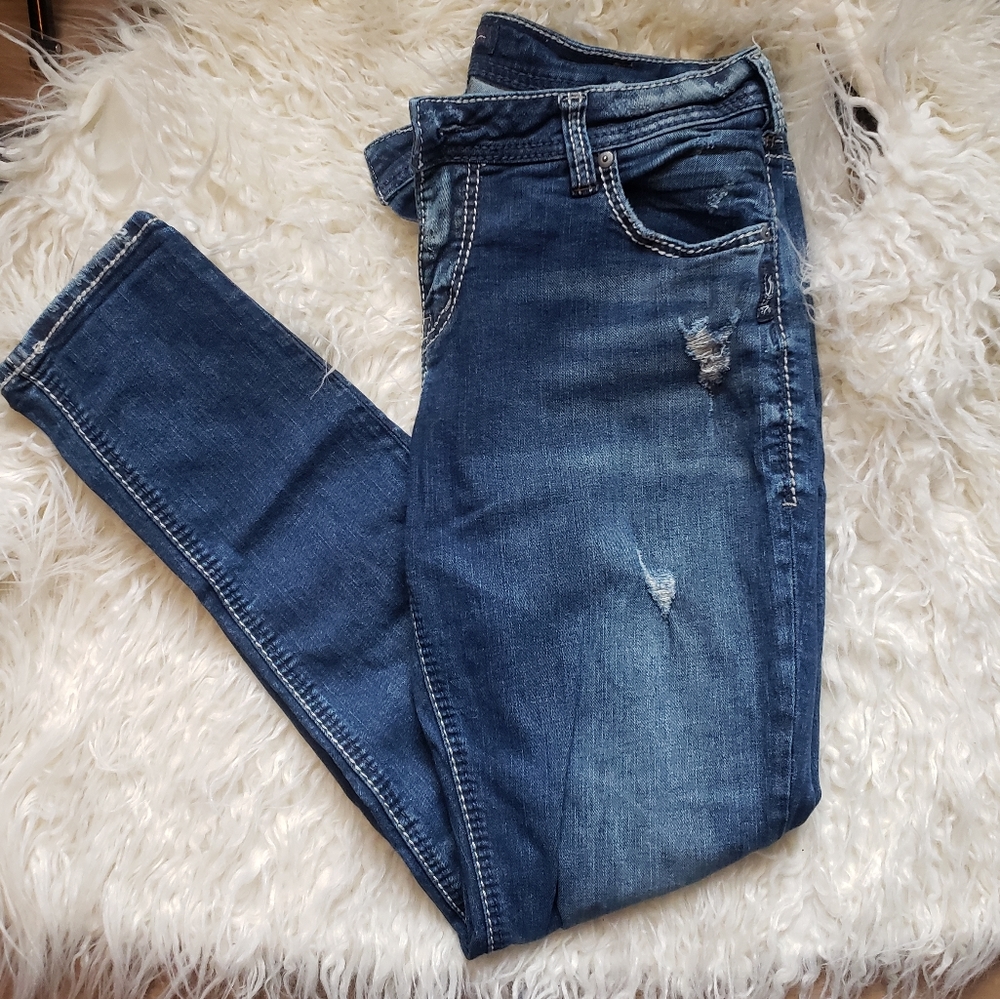 Silver Girlfriend Dark Wash Distressed Skinny Jean